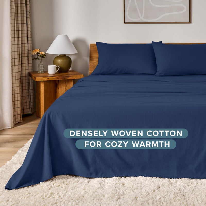 Bare Home Flannel Sheet Set 100% Cotton, Velvety Soft Heavyweight - Double Brushed Flannel - Deep Pocket (Full XL, Dark Blue) - Image 4